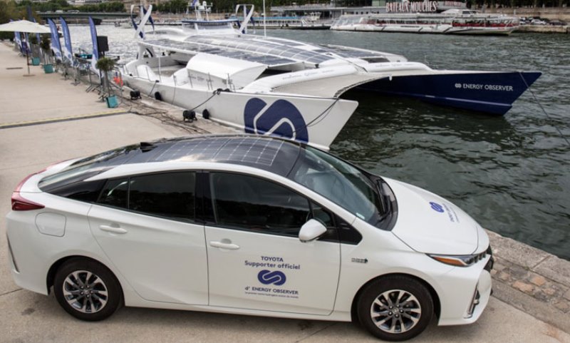 Energy Observer hydrogen boat and a Toyota Mirai