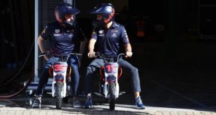 F1 stars Max Verstappen and Sergio Perez enjoy a day at the Red Bull Racing factory in Milton Keynes